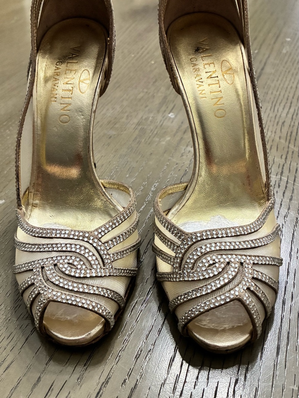 Valentino Garavani Gold Crystal-Trim Peep-Toe Slingback Heels